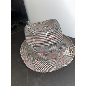 Headers Mens Fedora Hat Size Medium Red Gray Black Plaid Polyester Viscose Large